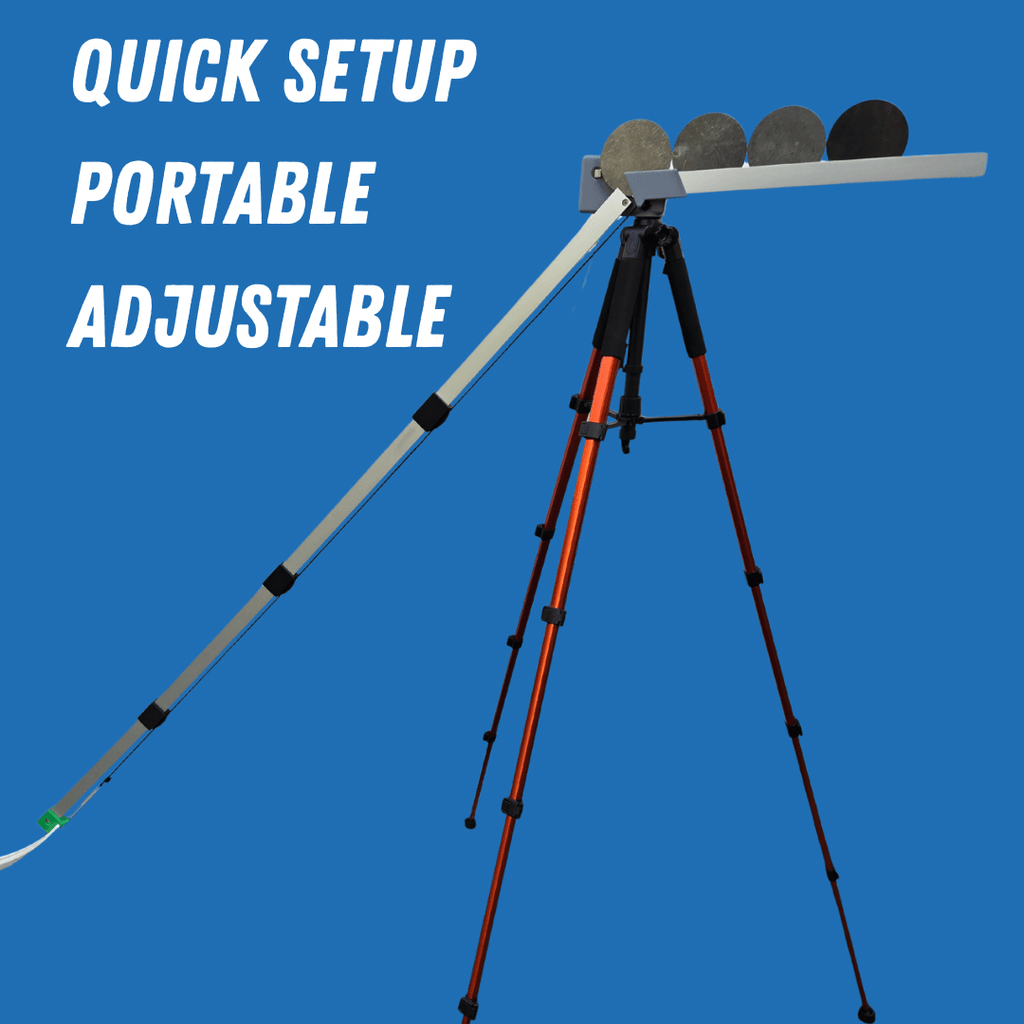 Portable adjustable tripod with quick setup text on a blue background